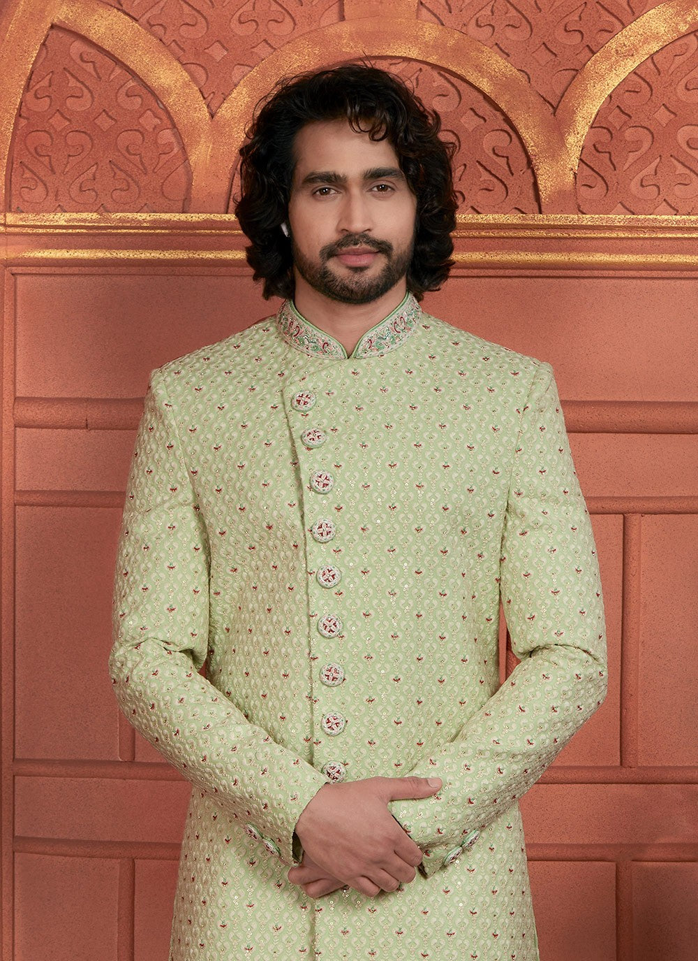 Embroidered Georgette Green Sherwani - M8276
