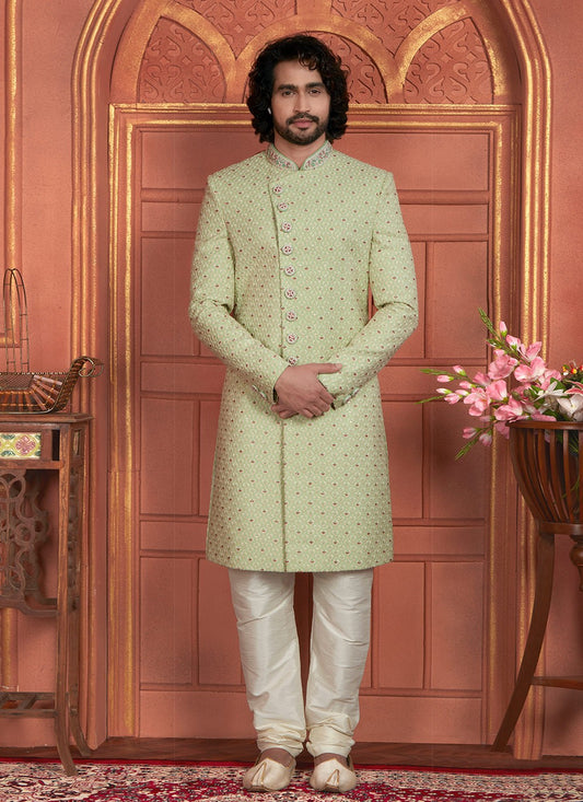Embroidered Georgette Green Sherwani - M8276