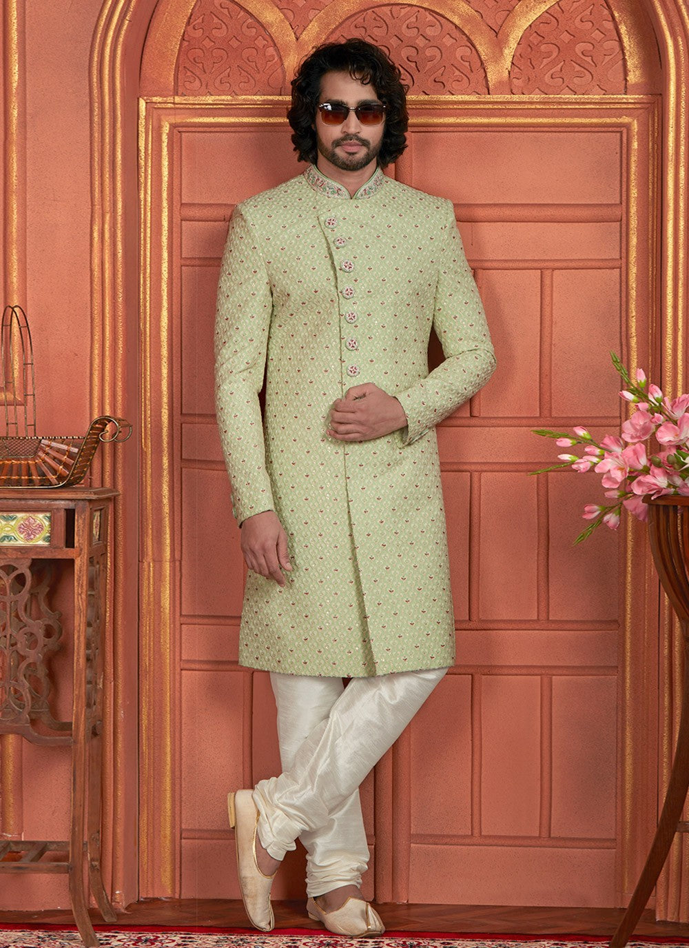 Embroidered Georgette Green Sherwani - M8276