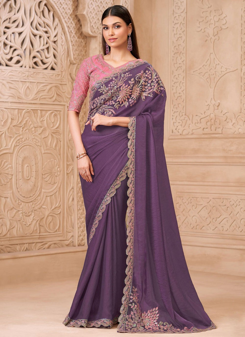 Lavender Georgette Trendy Saree Border Work, Embroidered S19782