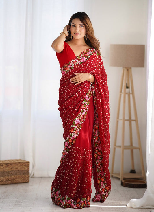 Trendy Saree Embroidered Maroon Georgette Saree S12364