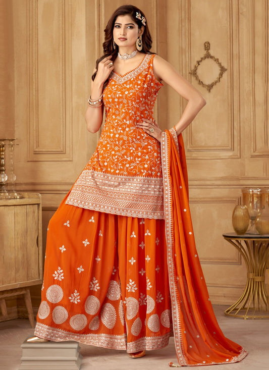 Palazzo Suit Embroidered Orange Georgette T5596