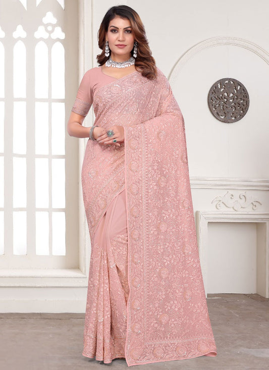 Embroidered Georgette Peach Classic Saree S14967