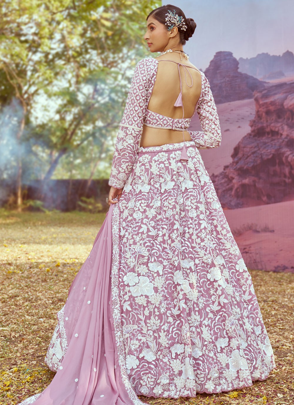 Embroidered Georgette Pink, Purple Lehenga - L3347