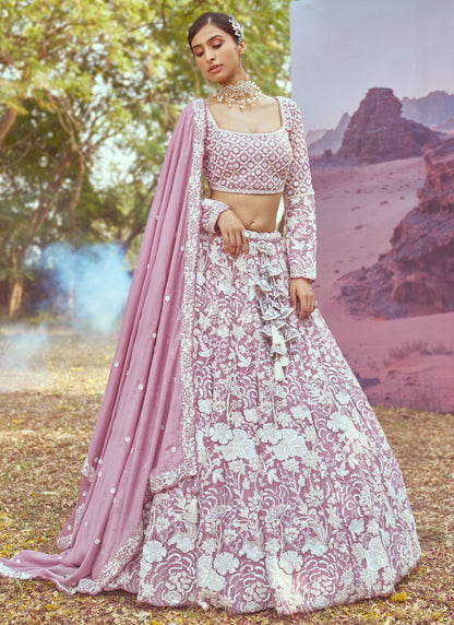 Embroidered Georgette Pink, Purple Lehenga - L3347
