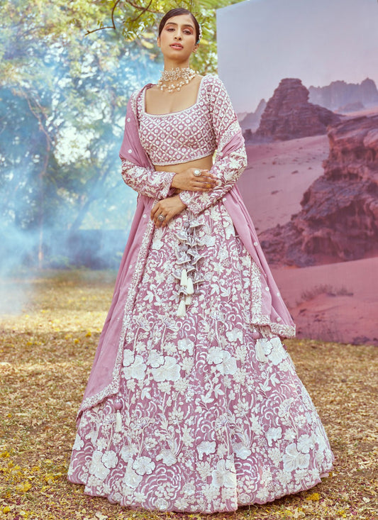 Embroidered Georgette Pink, Purple Lehenga - L3347