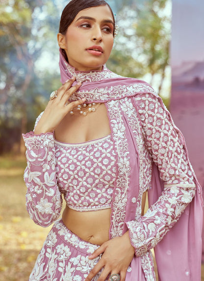 Embroidered Georgette Pink, Purple Lehenga - L3347