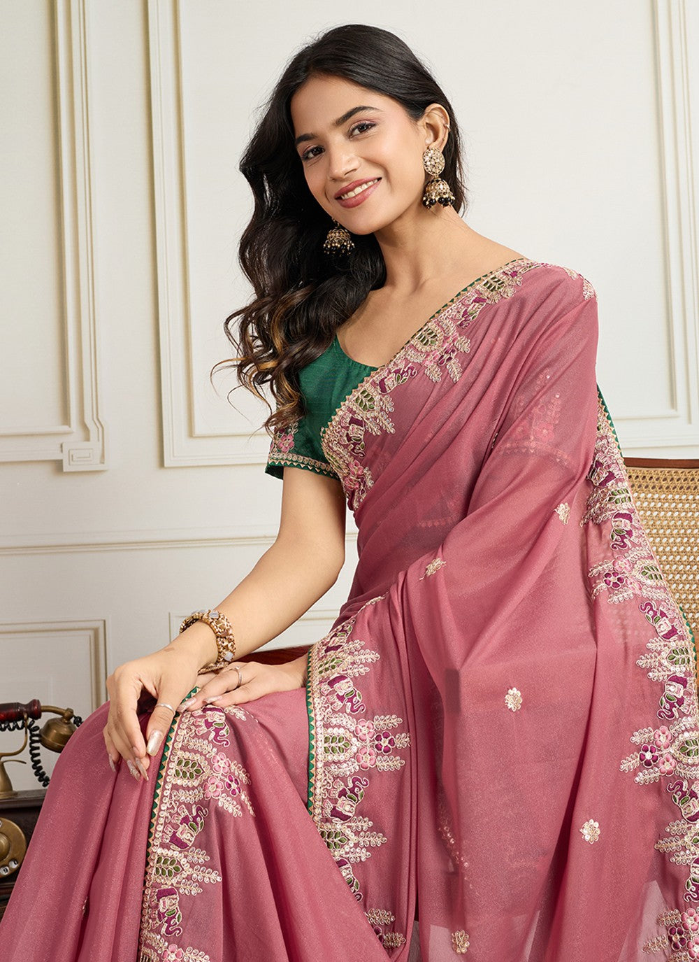 Pink Georgette Trendy Saree Embroidered S19113
