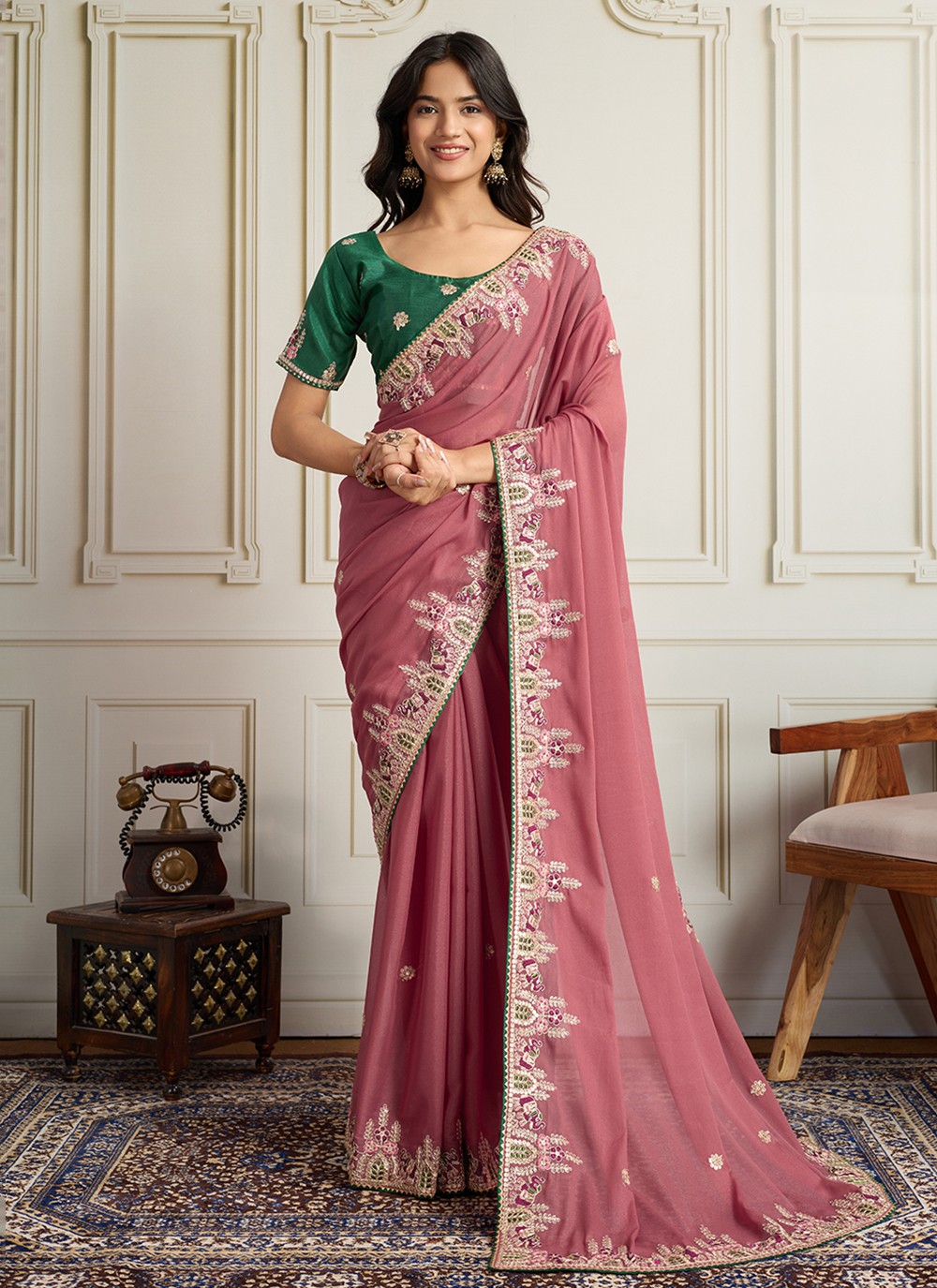 Pink Georgette Trendy Saree Embroidered S19113