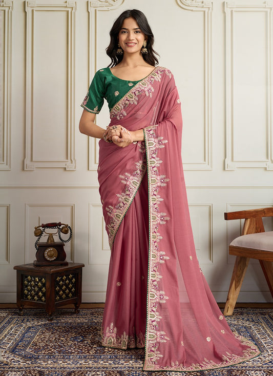 Pink Georgette Trendy Saree Embroidered S19113