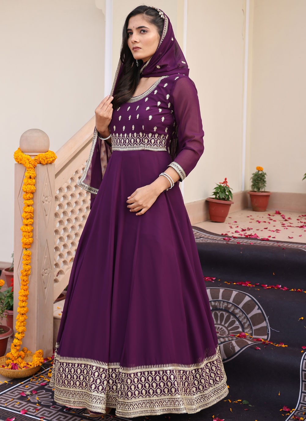 Anarkali Embroidered Purple Georgette T5868