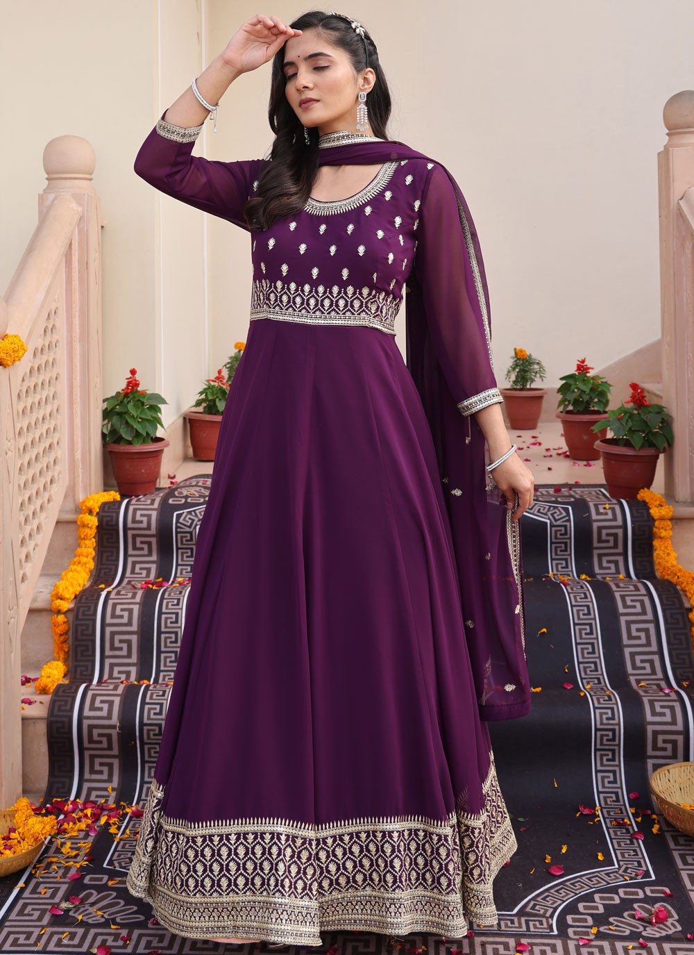 Anarkali Embroidered Purple Georgette T5868
