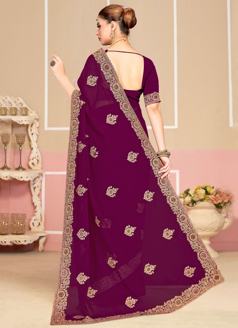 Purple Georgette Trendy Saree Cord, Embroidered S19980