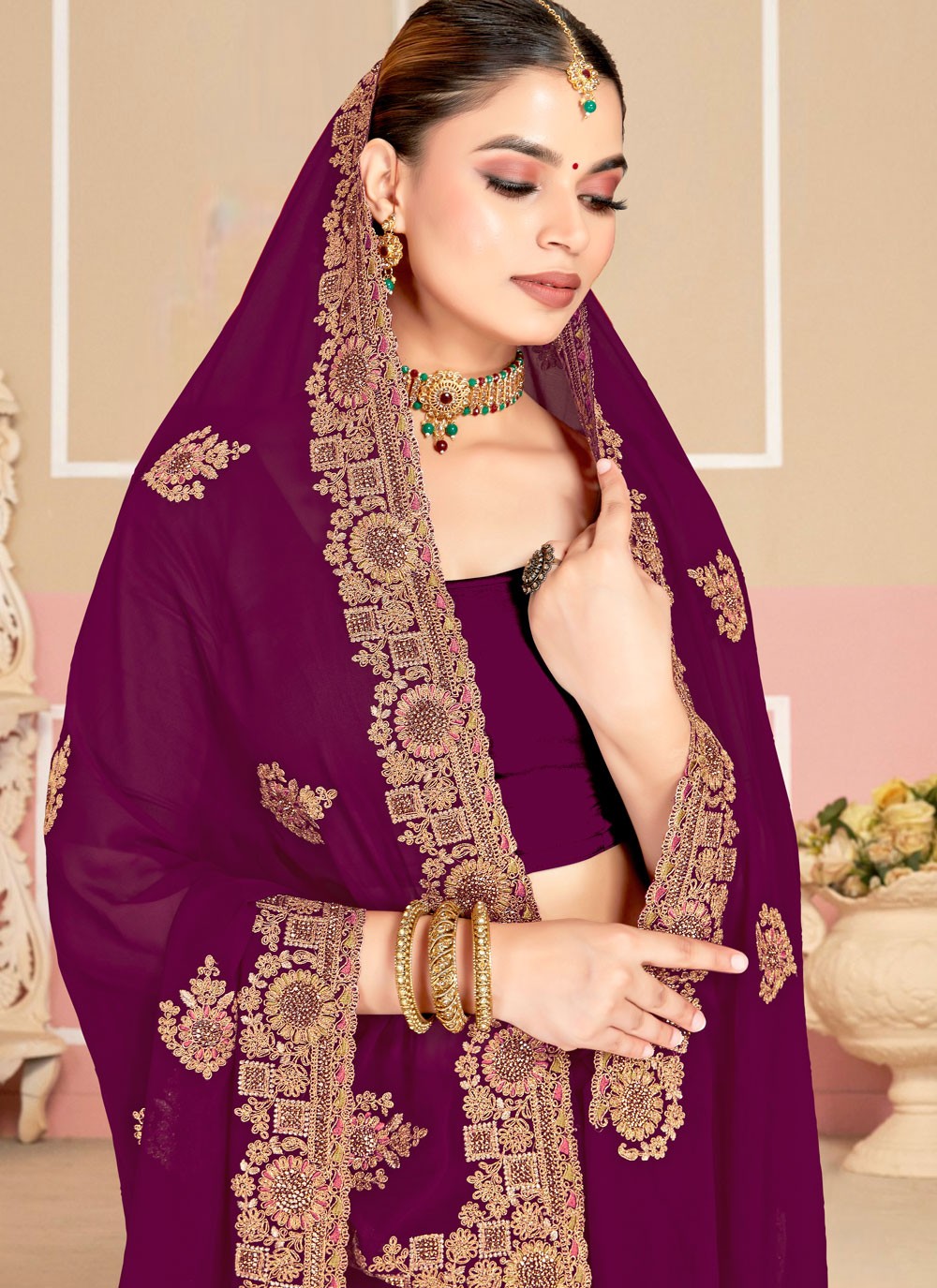 Purple Georgette Trendy Saree Cord, Embroidered S19980