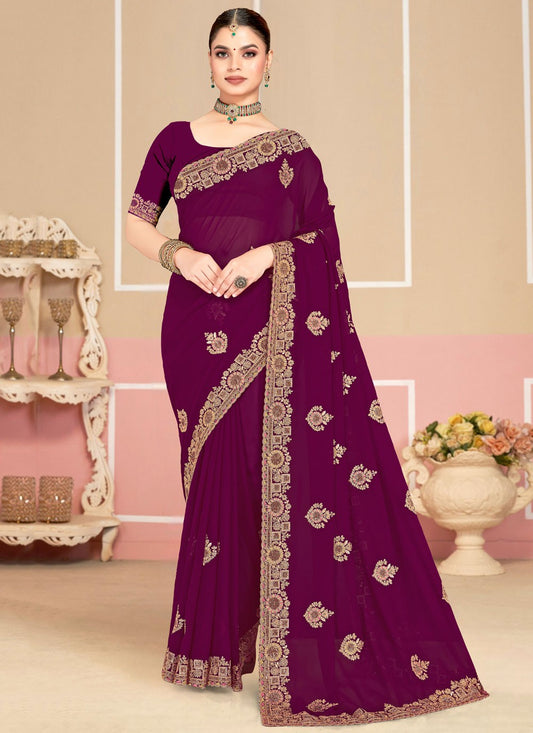 Purple Georgette Trendy Saree Cord, Embroidered S19980