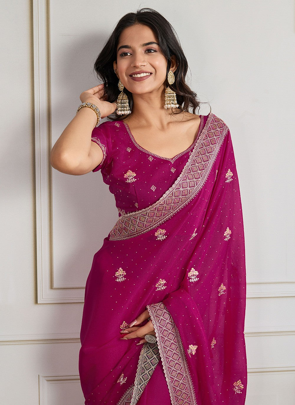Pink Georgette Trendy Saree Embroidered, Swarovski S19304
