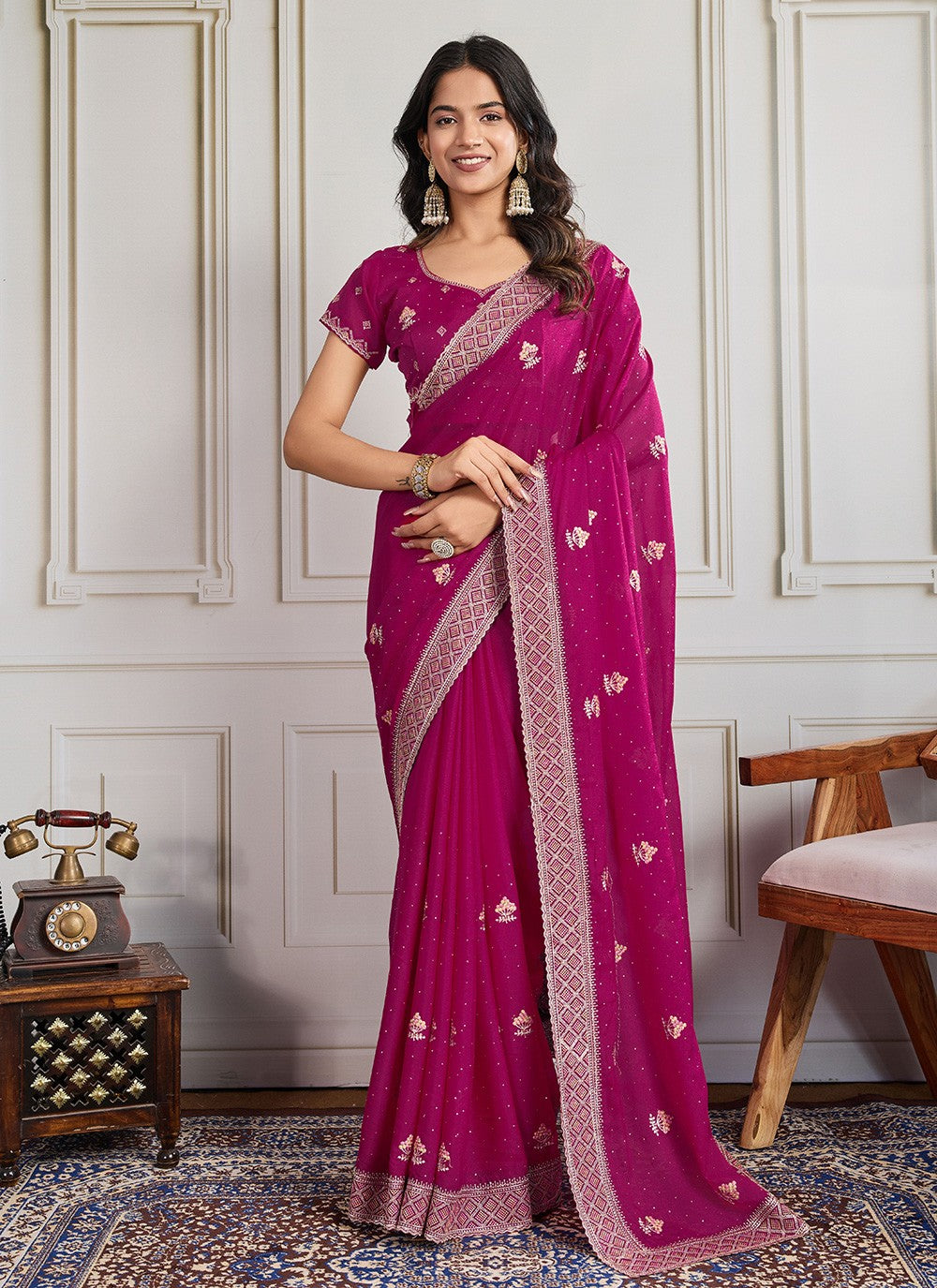 Pink Georgette Trendy Saree Embroidered, Swarovski S19304