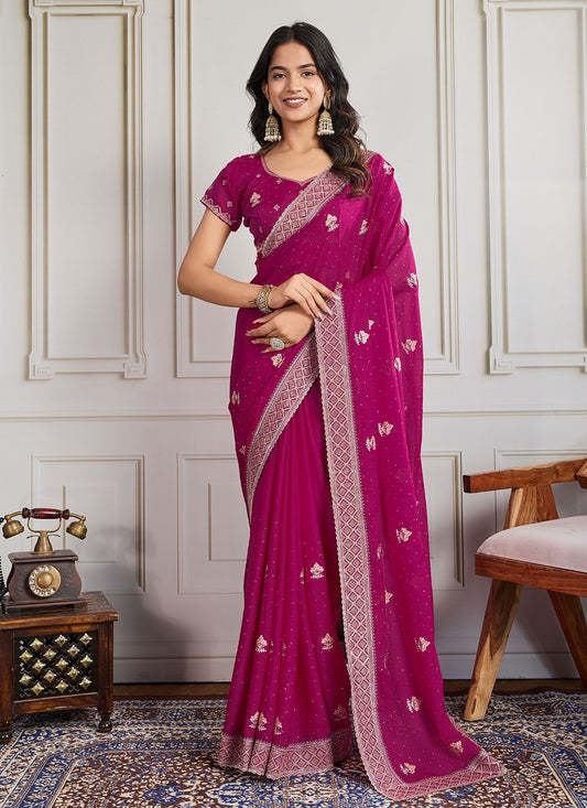 Pink Georgette Trendy Saree Embroidered, Swarovski S19304