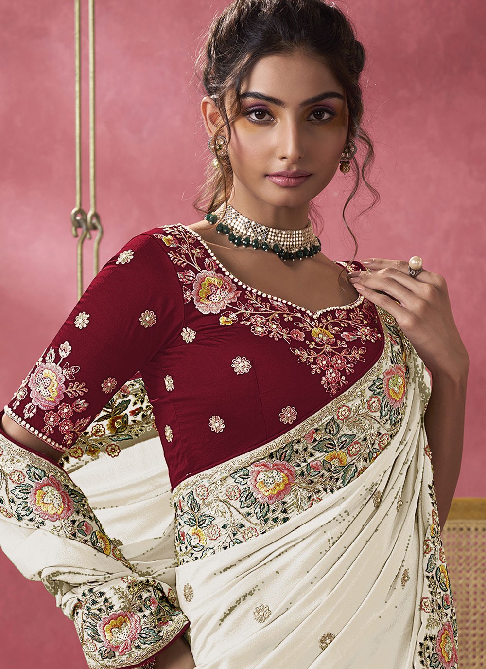 Cord Georgette White Saree S14207