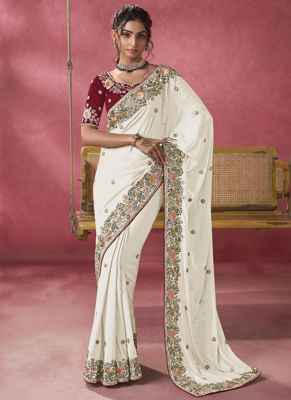 Cord Georgette White Saree S13971
