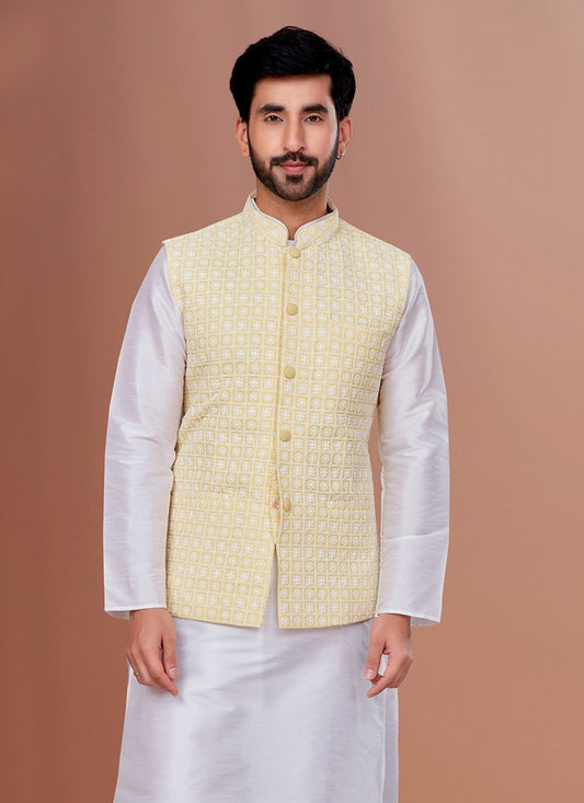 Embroidered Georgette Yellow Nehru Jackets - M7380