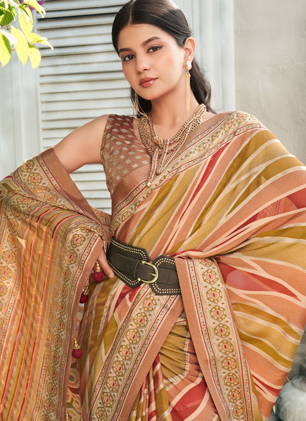 Traditional Strips Multi Colour Georgette S12771