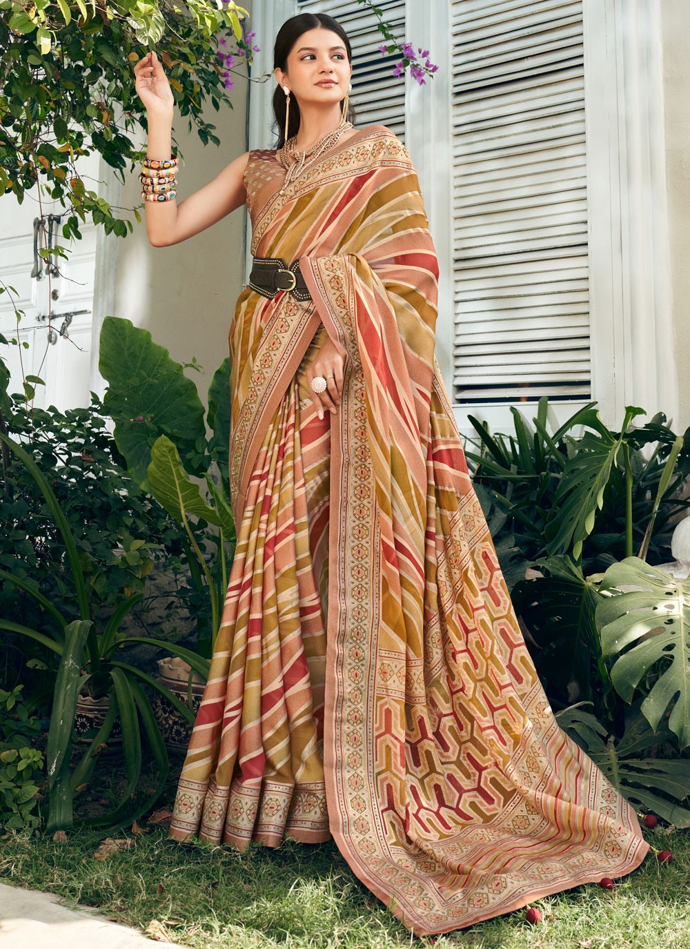 Traditional Strips Multi Colour Georgette Saree S12771