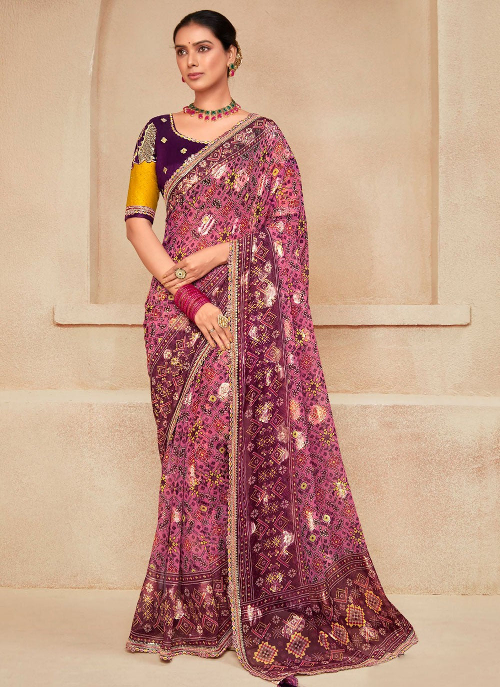 Pink Georgette Traditional Saree Embroidered, Printed S20514