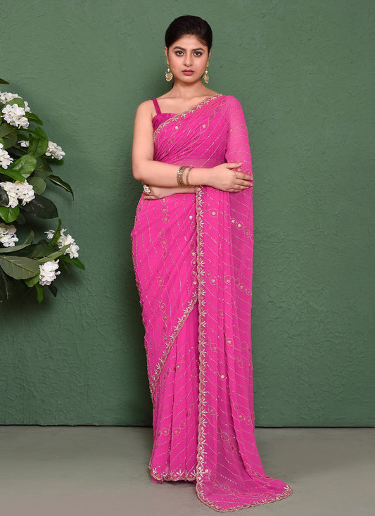 Hand Embroidery Georgette Pink Saree S14323