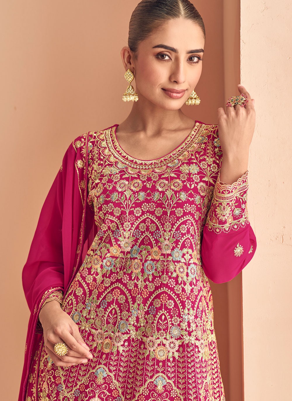 Palazzo Suit Embroidered Fuchsia T8352