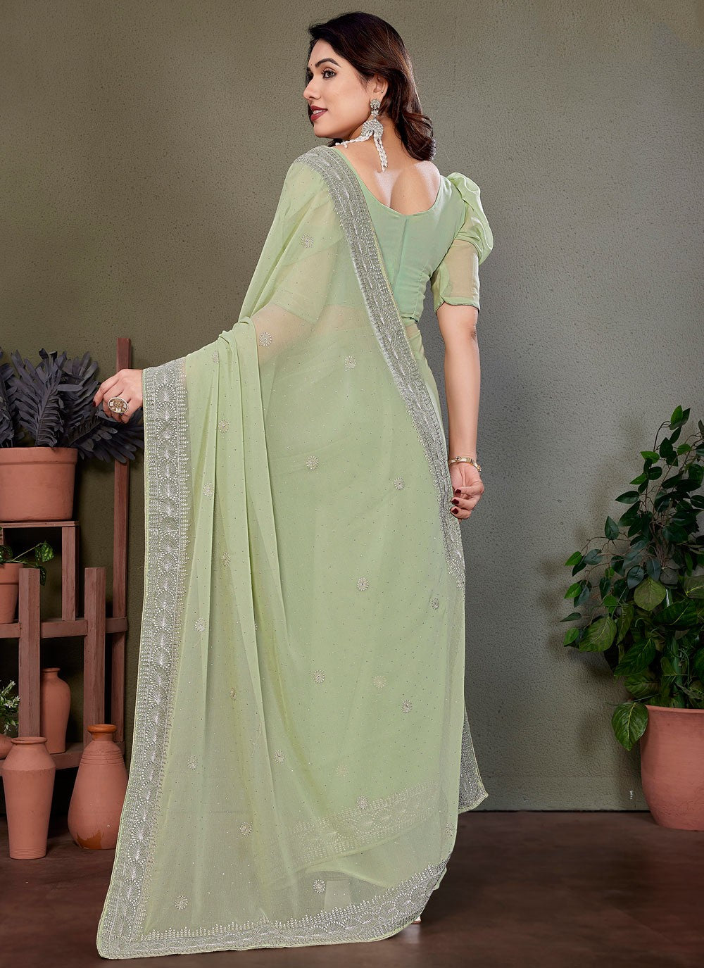 Embroidered Georgette Green Contemporary Saree S14884