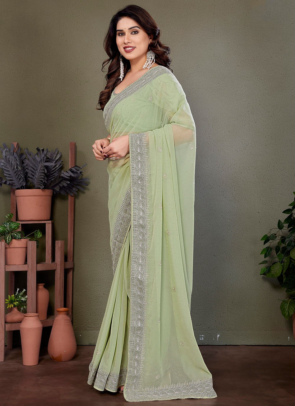 Embroidered Georgette Green Contemporary Saree S14884