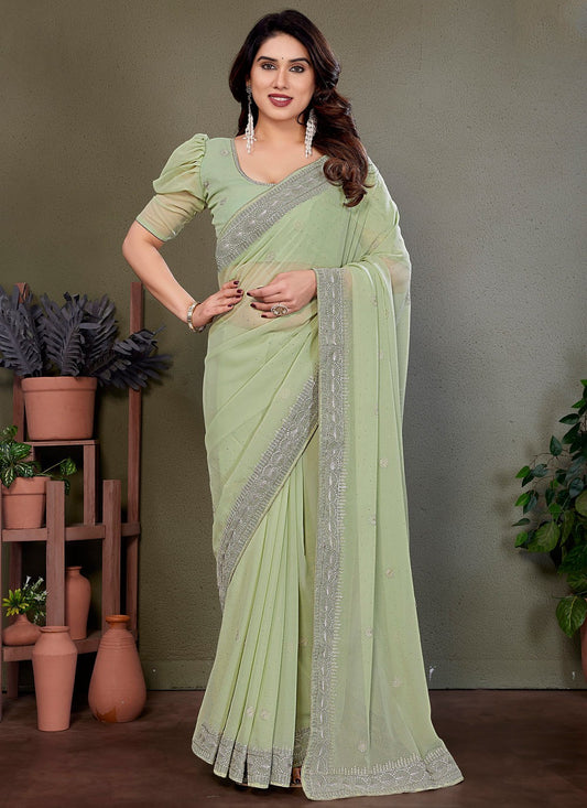 Embroidered Georgette Green Contemporary Saree S14884