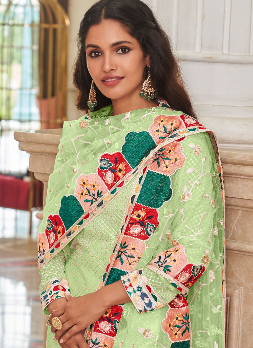 Pant Style Suit Embroidered, Sequins, Thread Green T6975