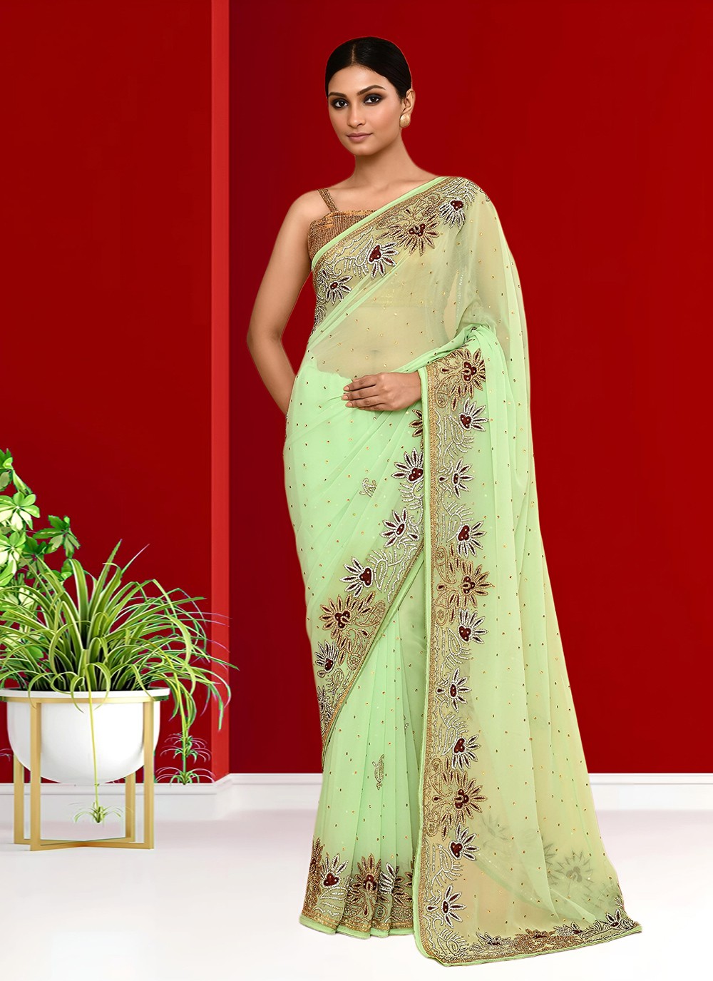 Hand Embroidery Georgette Green Saree S14279