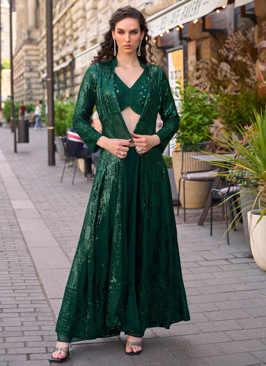Palazzo Suit Embroidered, Sequins Green T8503