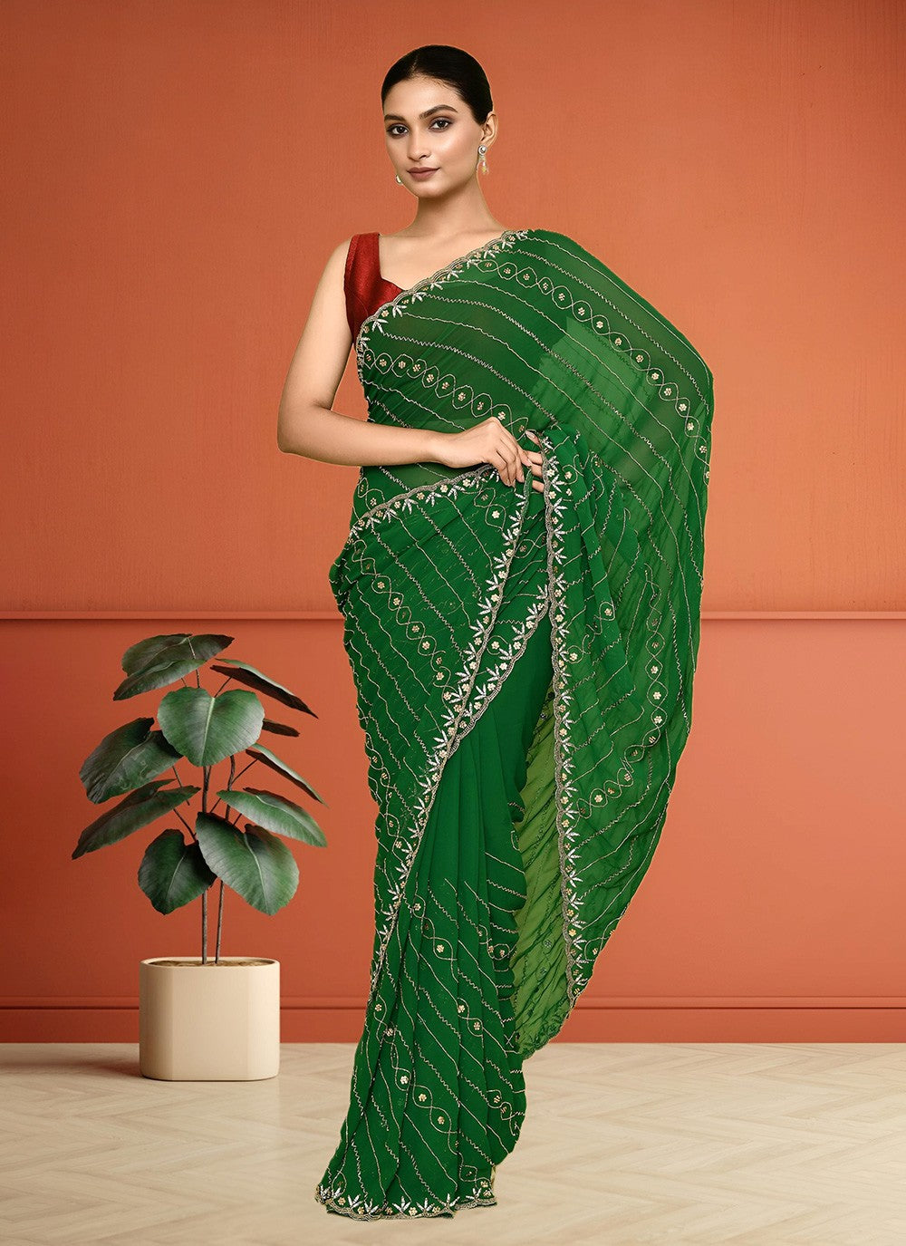 Hand Embroidery Georgette Green Saree S14285
