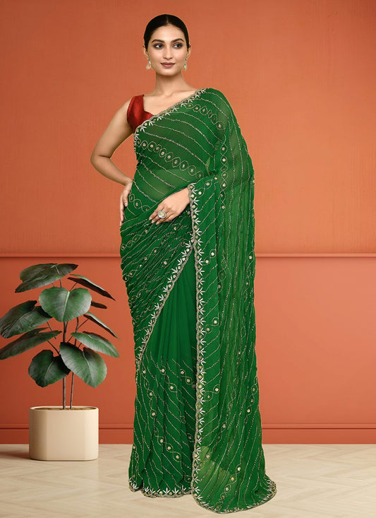 Hand Embroidery Georgette Green Saree S14285