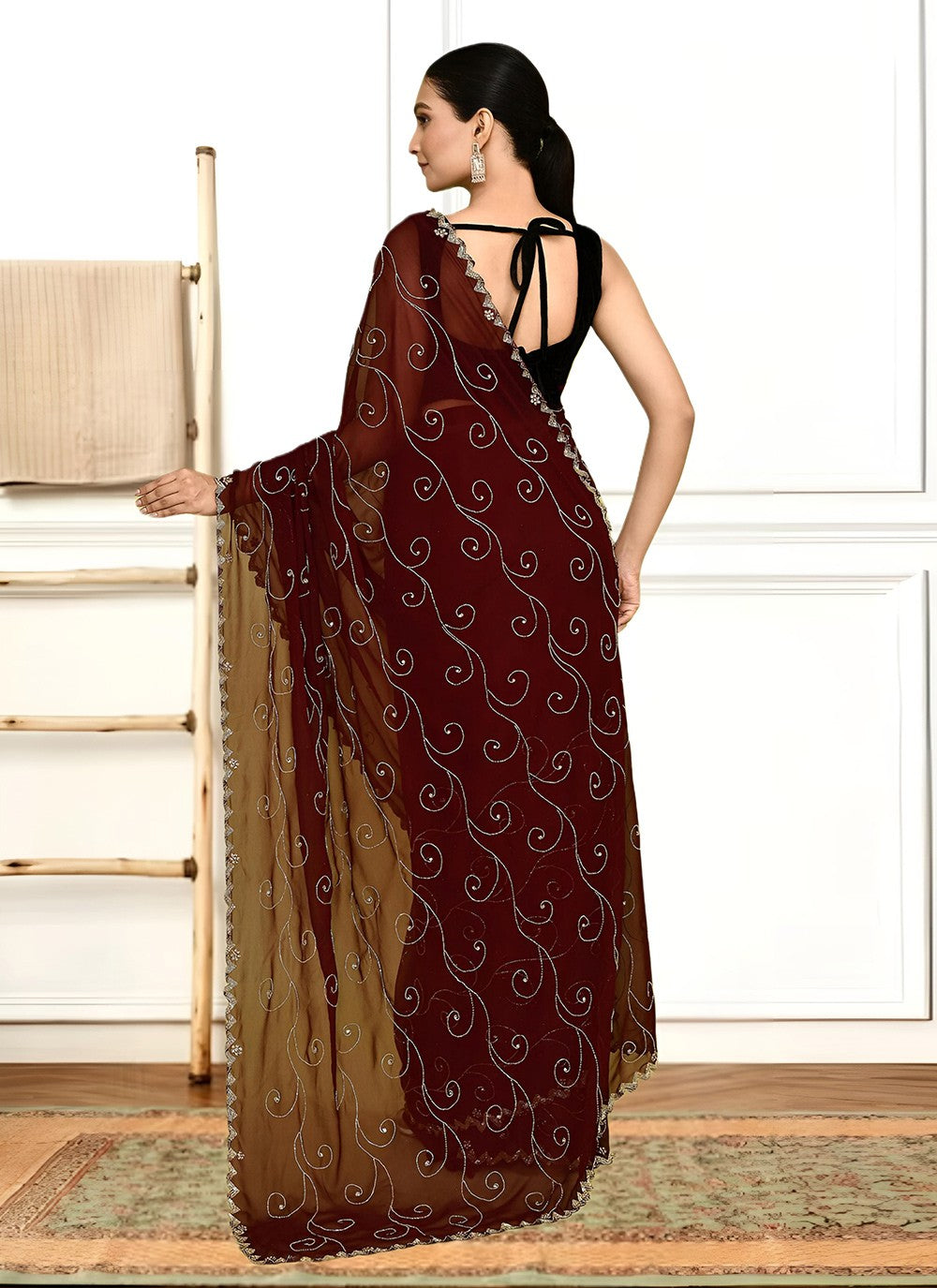 Hand Embroidery Georgette Brown Saree S14287