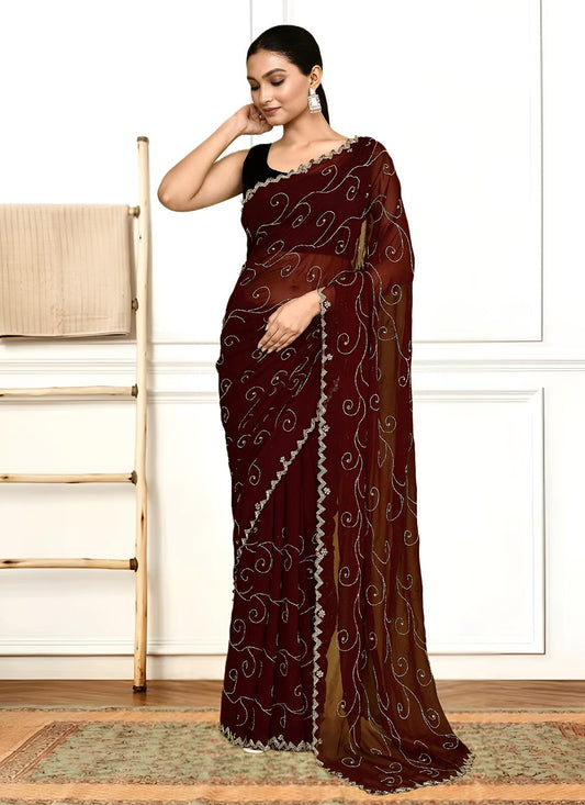 Hand Embroidery Georgette Brown Saree S14287