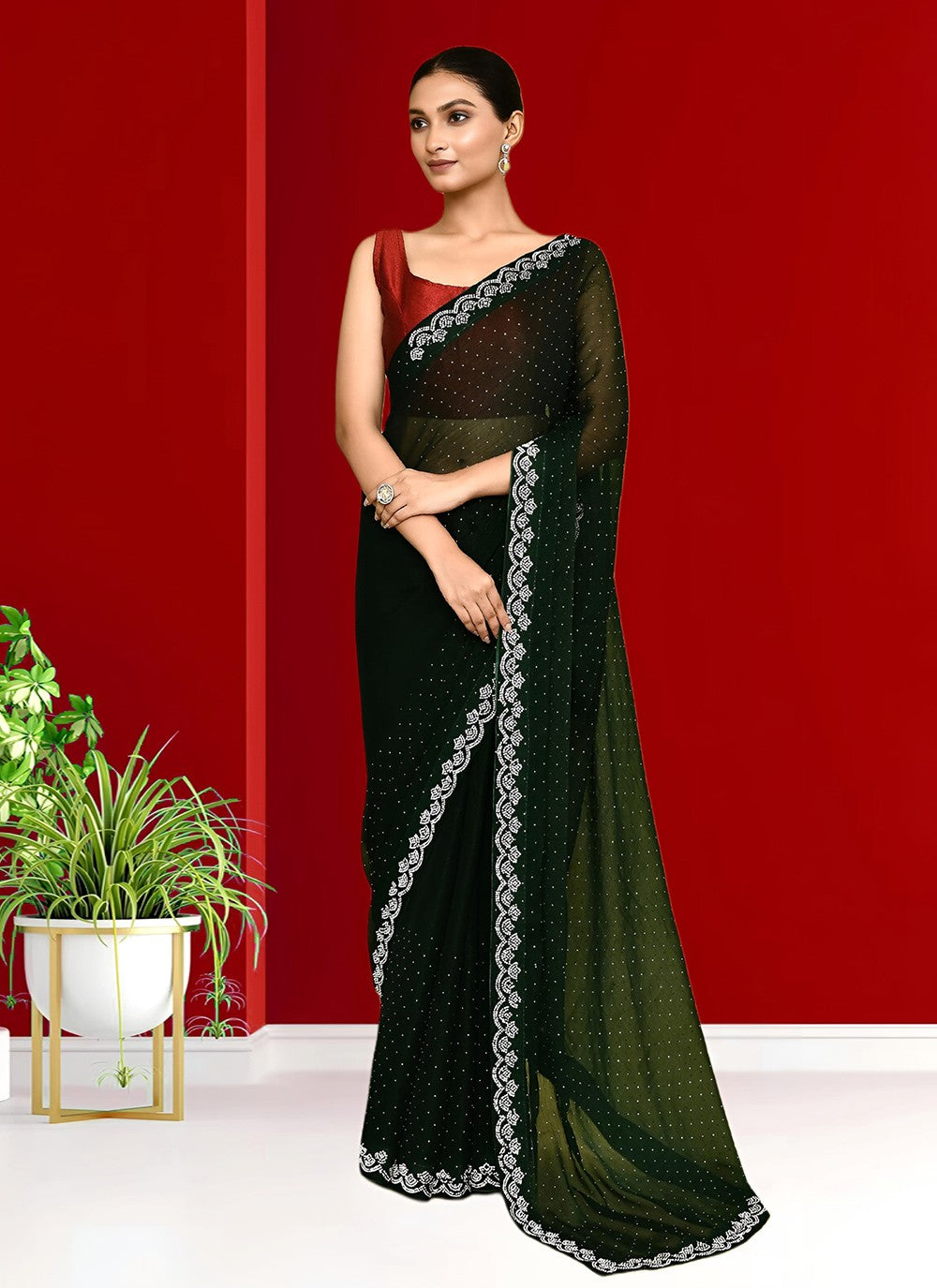 Hand Embroidery Georgette Green Saree S14288