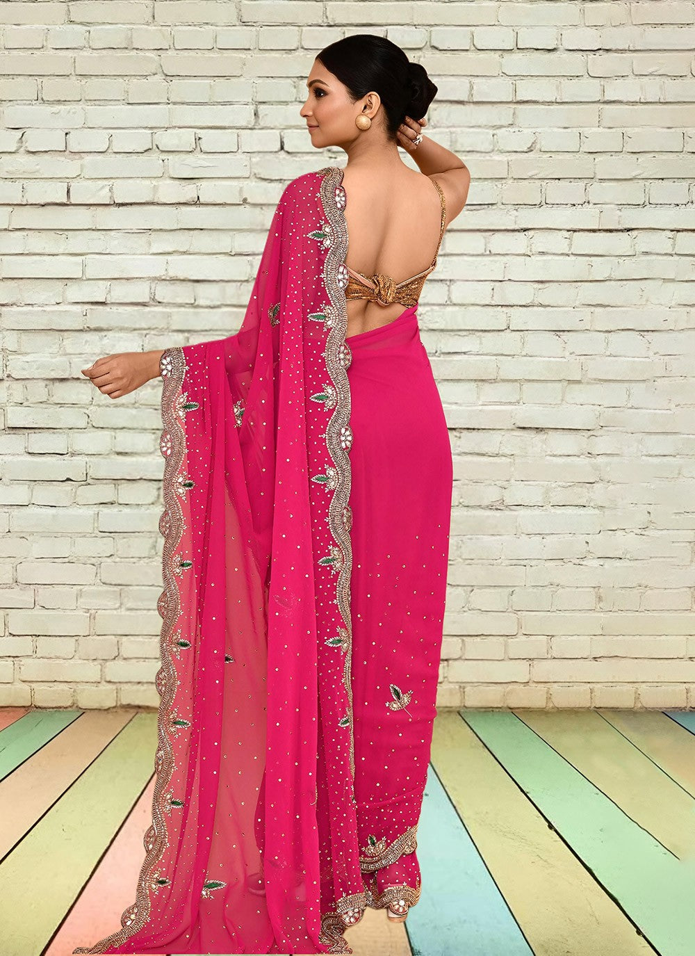 Hand Embroidery Georgette Hot Pink Saree S14278