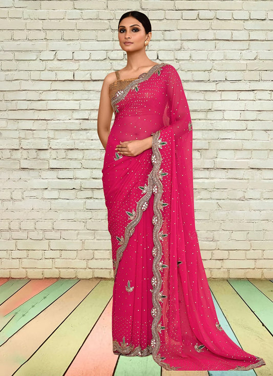 Hand Embroidery Georgette Hot Pink Saree S14278