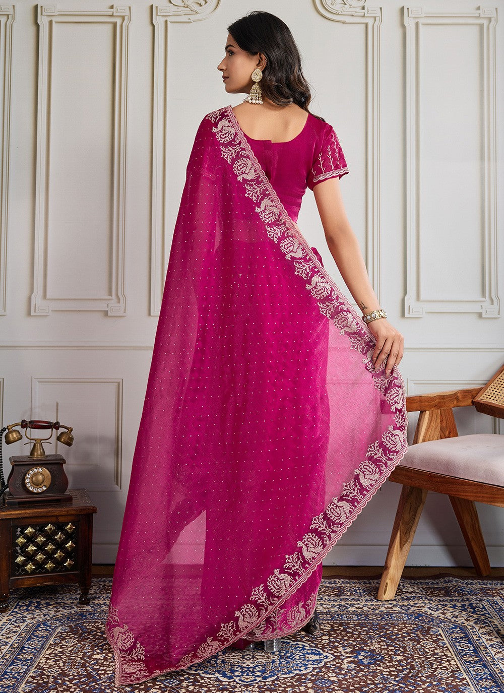 Hot Pink Georgette Classic Saree Embroidered, Swarovski S19303