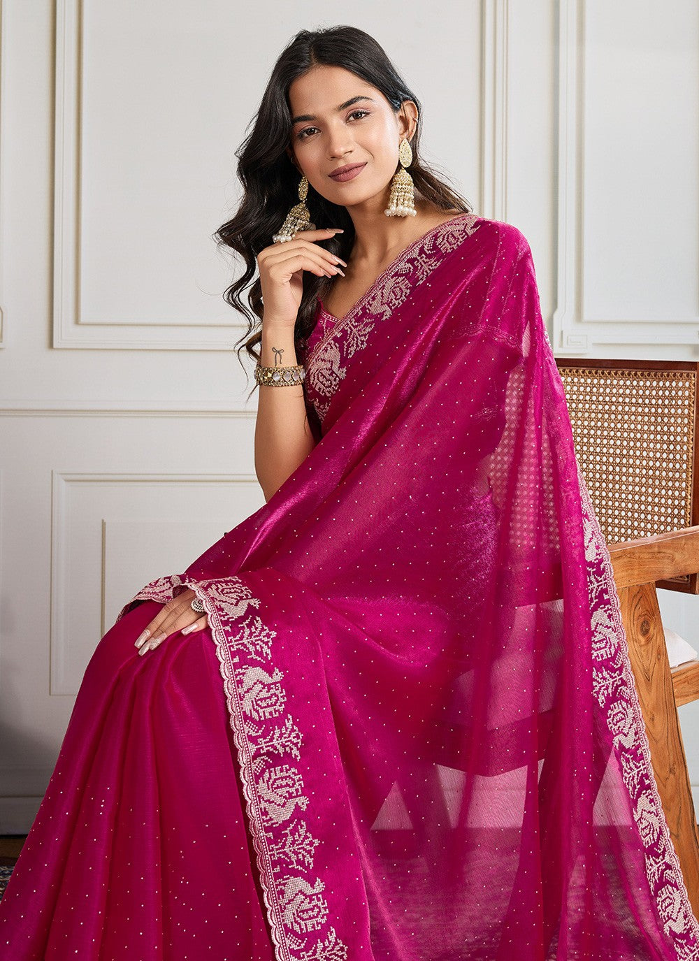 Hot Pink Georgette Classic Saree Embroidered, Swarovski S19303