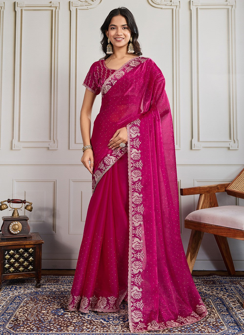 Hot Pink Georgette Classic Saree Embroidered, Swarovski S19303