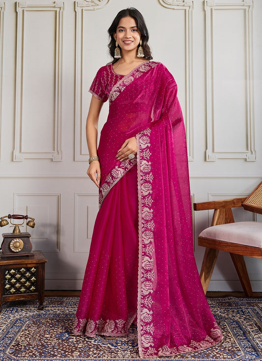 Hot Pink Georgette Classic Saree Embroidered, Swarovski S19303