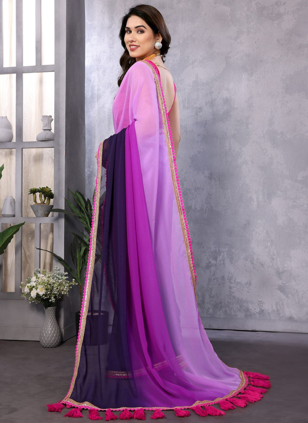 Traditional Border Work Lavender, Navy Blue Georgette S12470