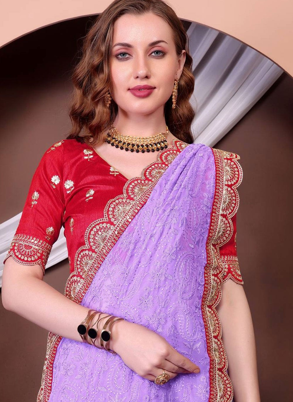 Designer Border Work Lavender Georgette Saree S12967