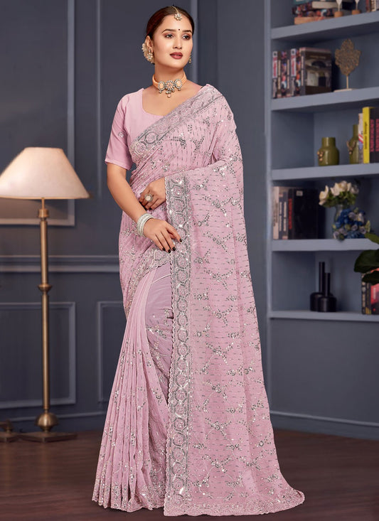 Embroidered Georgette Lavender Saree S14658